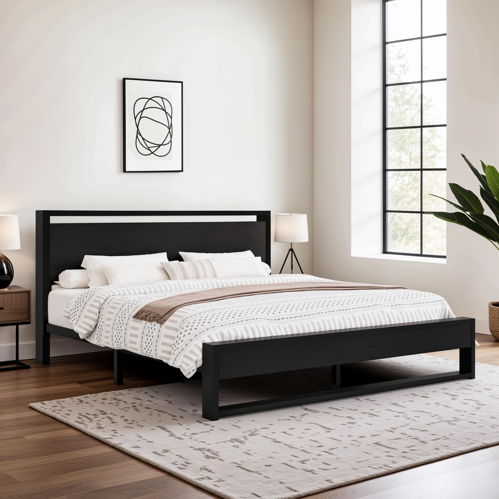 Sturdy Metal and Wooden Bed Frame with Headboard and Footboard