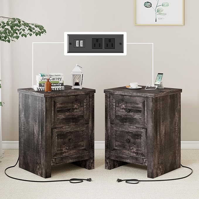 Nightstand Set of 2 with Charging Station, Farmhouse End Table with 2 Drawers Storage