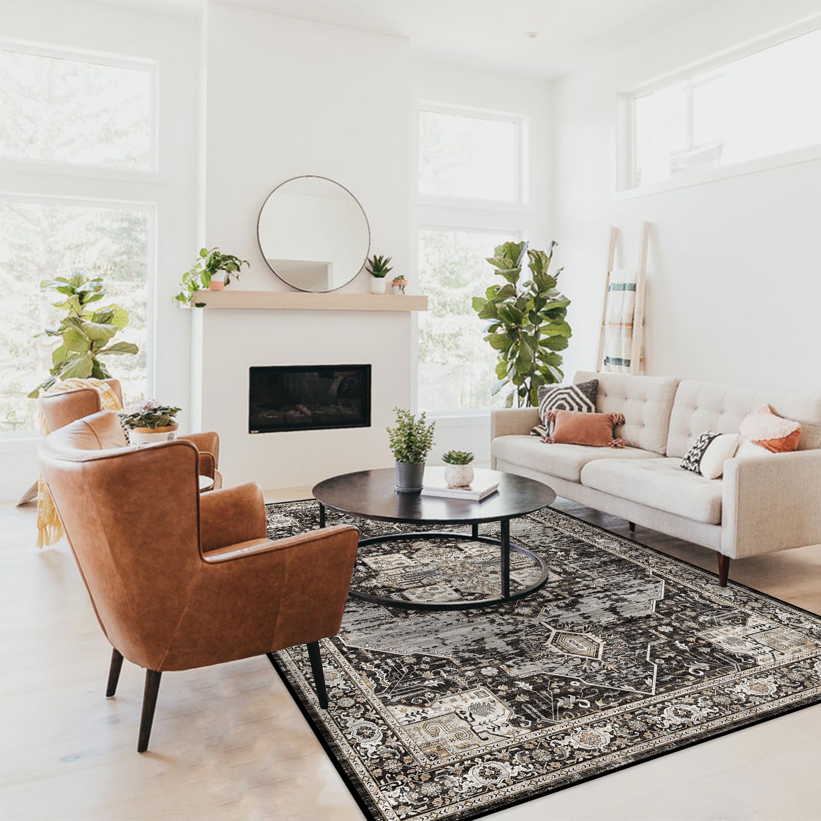 Washable 5x7 Area Rugs - Large Rugs for Living Room Stain Resistant Carpet Vintage