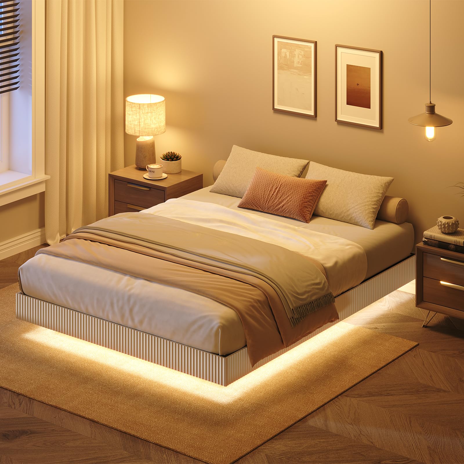 Floating Bed Frame Full Size, Led Bed Frame with Fluted Wavy Panel Design