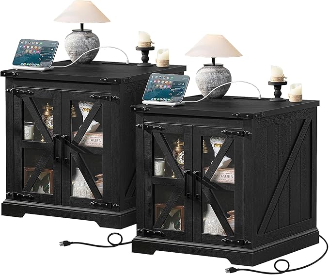 24" End Table Set of 2 with Charging Station, Farmhouse Night Stand with Glass Barn Door