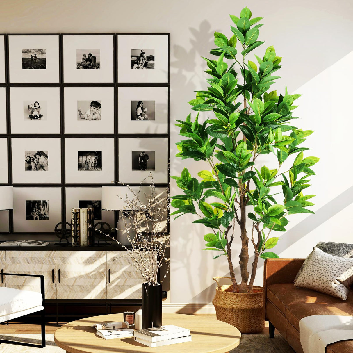 7.2ft Artificial Rubber Tree (85in) with Plastic Nursery Pot Fake Tree