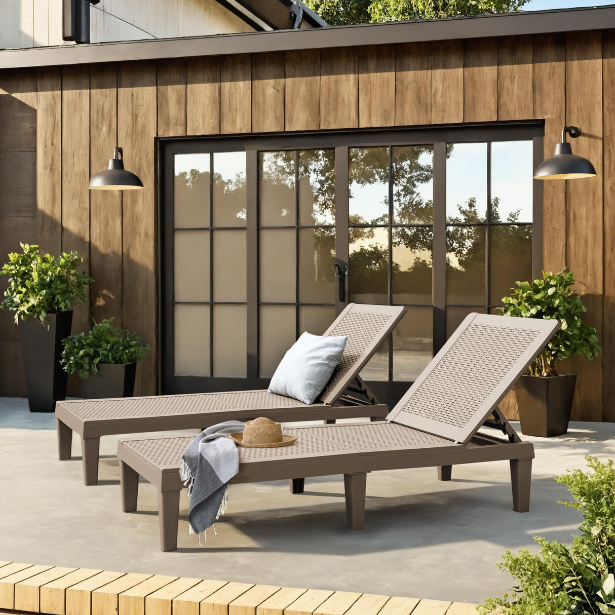 Patio Chaise Lounge Chair Set of 2 Outdoor PE Waterproof Adjustable