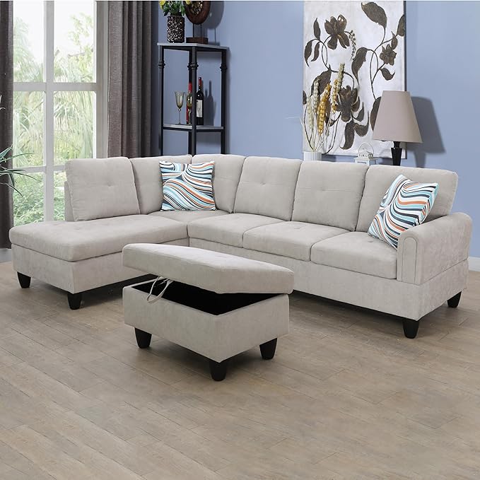 Living Room L Shaped Couch Upholstered Futon Sofa Comfy Flannel Modular Sofa 3-Piece Living Couch