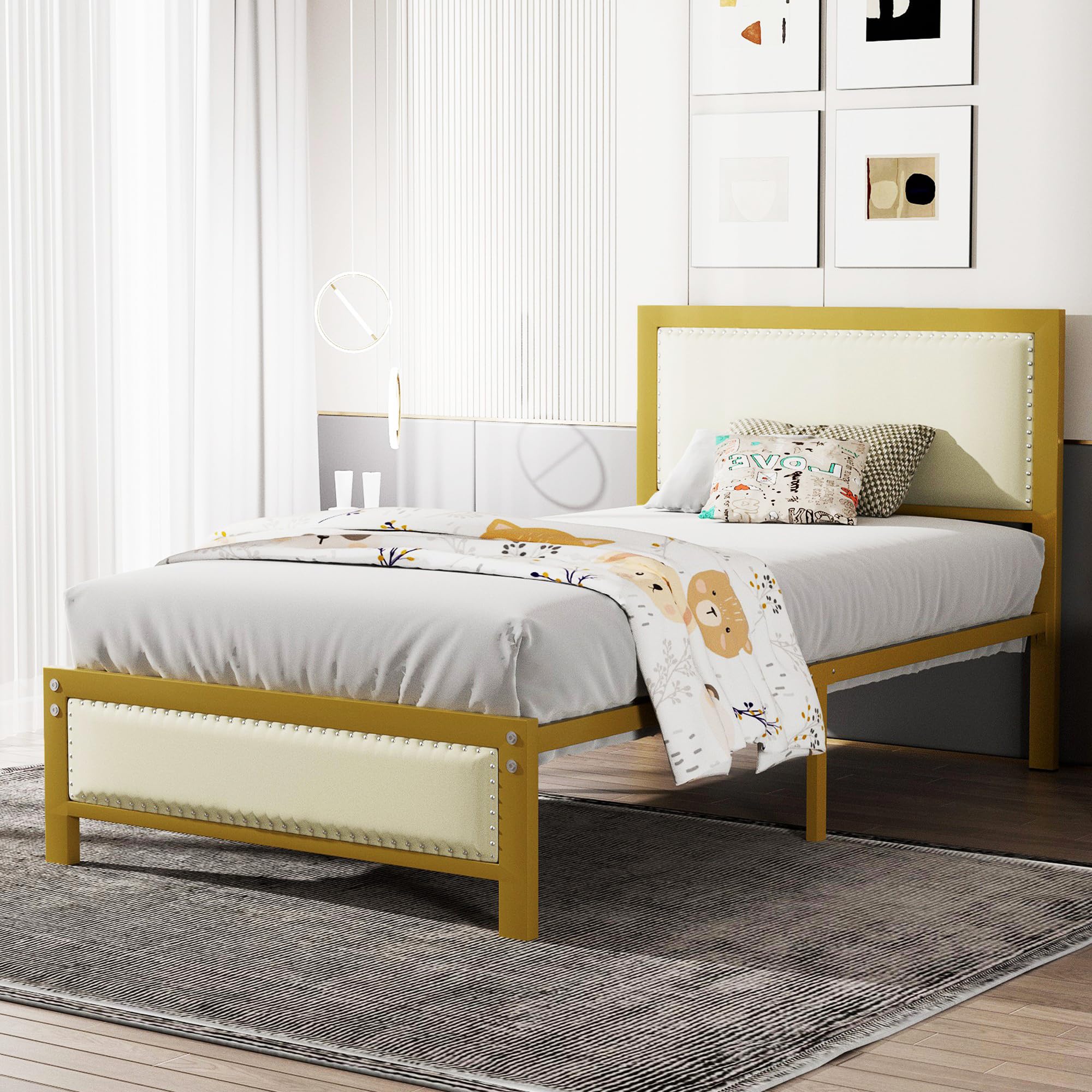 Bed Frame with Headboard, Heavy-Duty Upholstered Platform with Strong Metal Slats,