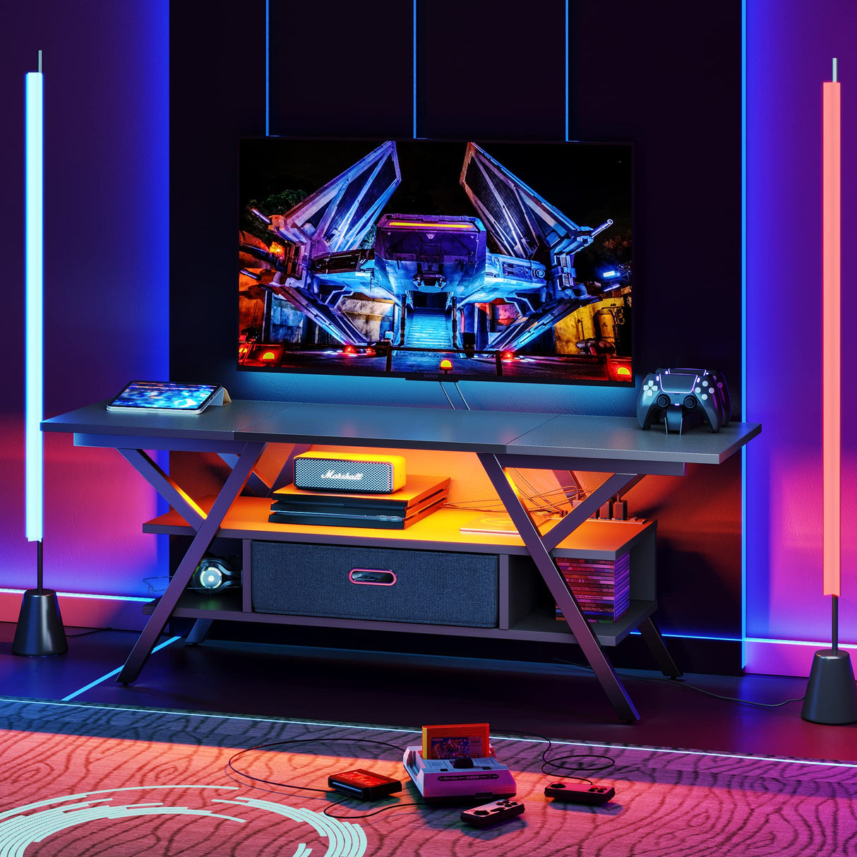 LED Entertainment Center with Power Outlets Gaming TV Stand for TV up to 65 Inch 55”