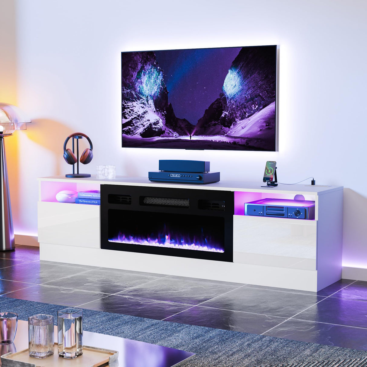 LED High Gloss TV Stand with Electric Fireplace - White