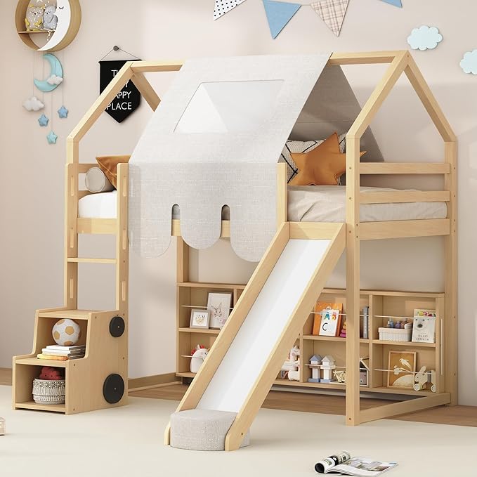Kids House Loft Bed with Slide, Twin Size Low Loft Bed with LED Lights & Blackboard