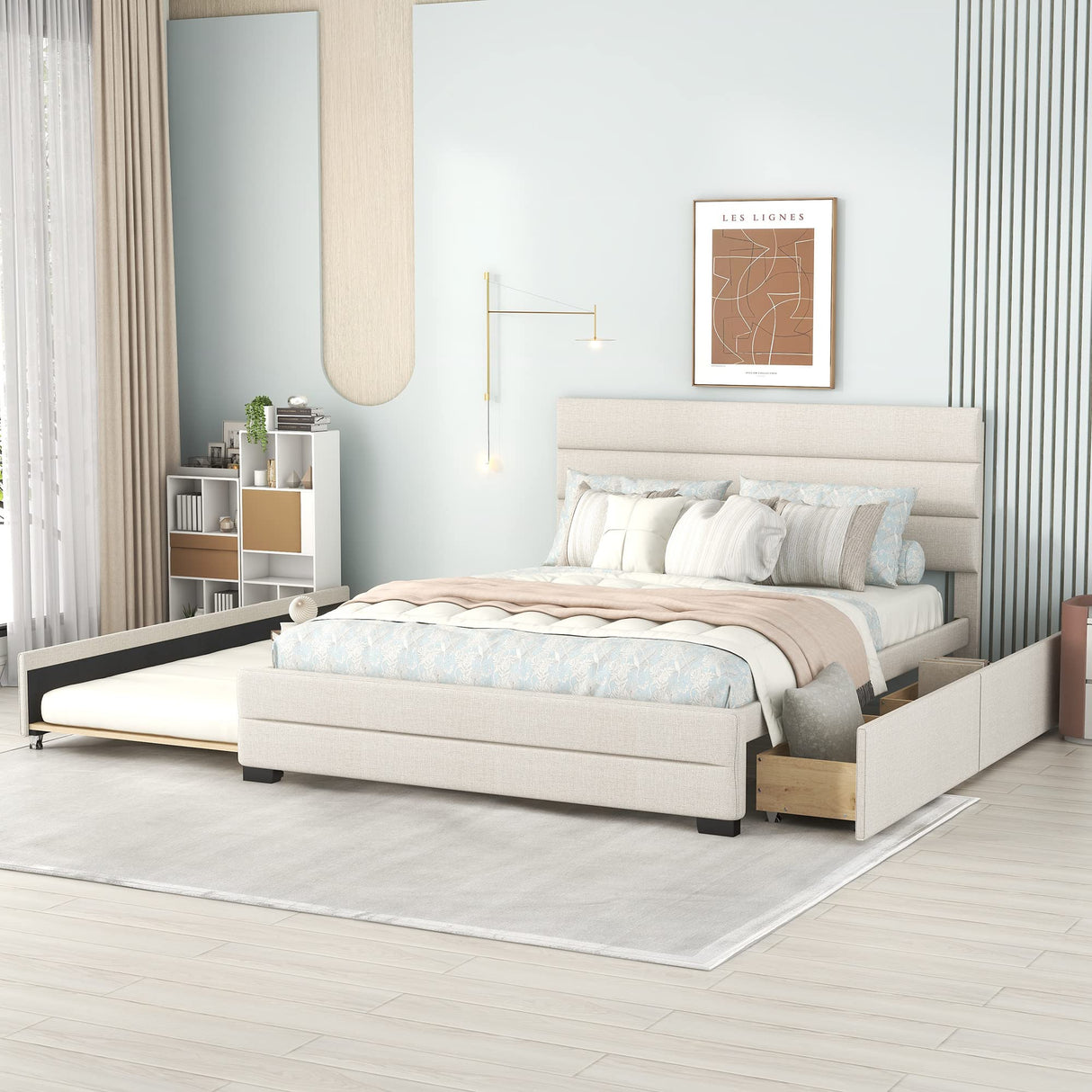 Upholstered Queen Size Platform Bed with 2 Storage Drawers and Twin Trundle Bed