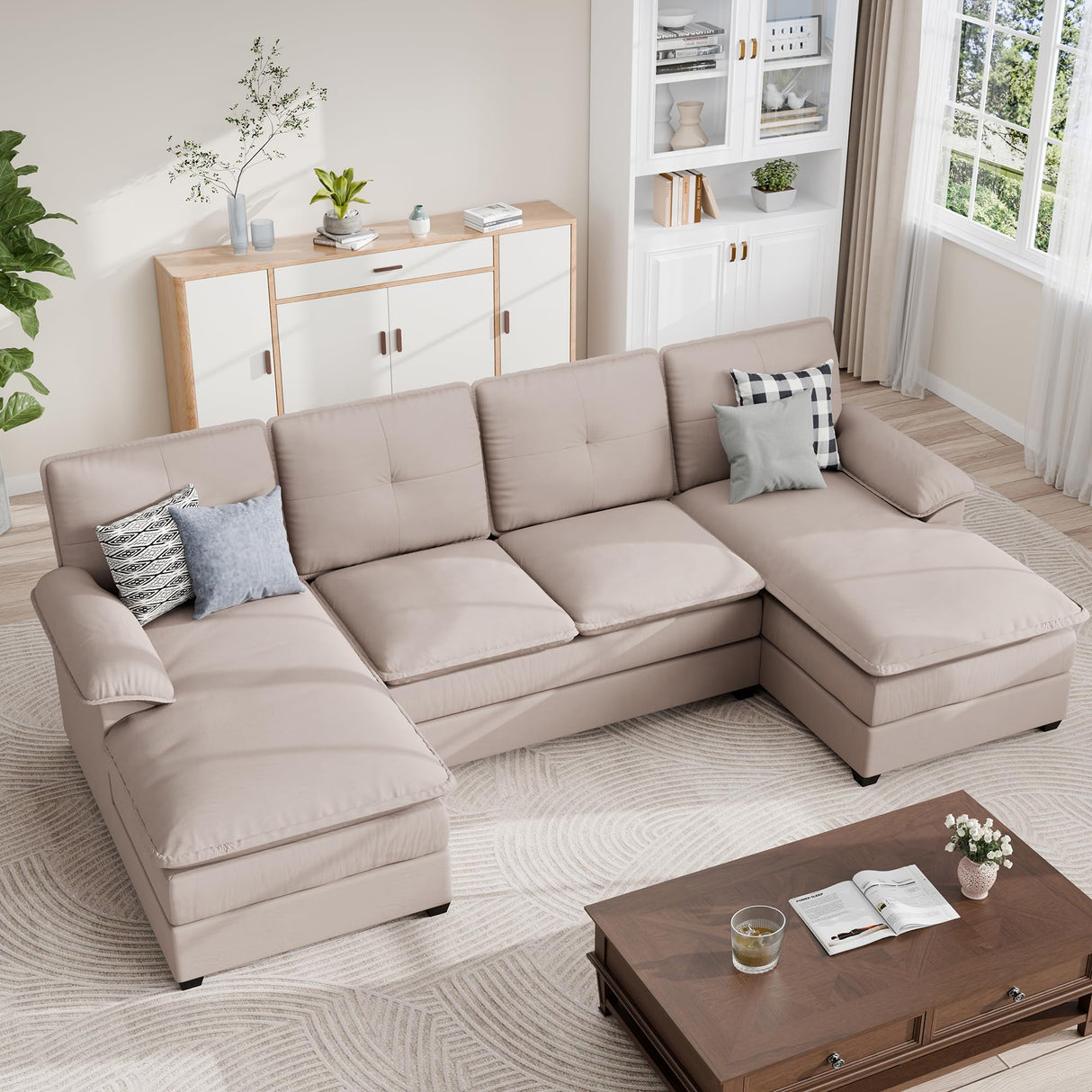 Vongrasig Sectional Couches for Living Room, Comfy Cloud Couch with Chaise 110" U-Shaped Sofa 4-seat Modular Sofa Large Sectional Couch with Ottoman for Living Room (Khaki)