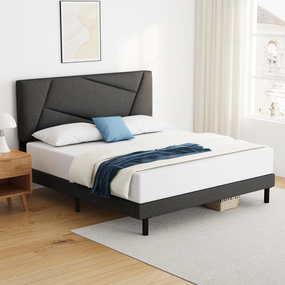 Queen Bed Frame Upholstered Platform with Headboard