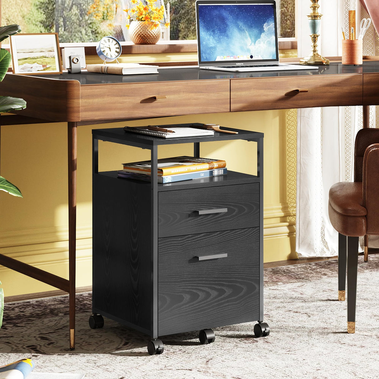 2 Drawer File Cabinet, Mobile Printer Stand with Open Storage Shelf