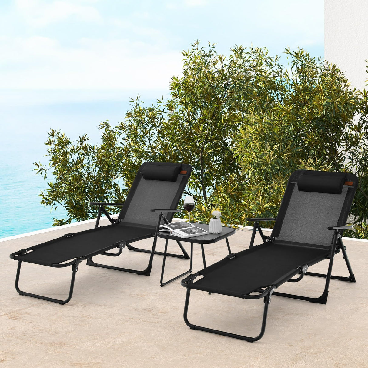 Chaise Lounge Chair Set, 2 Recliner Chairs & 1 Patio Bistro Table w/Adjustable Backrest,