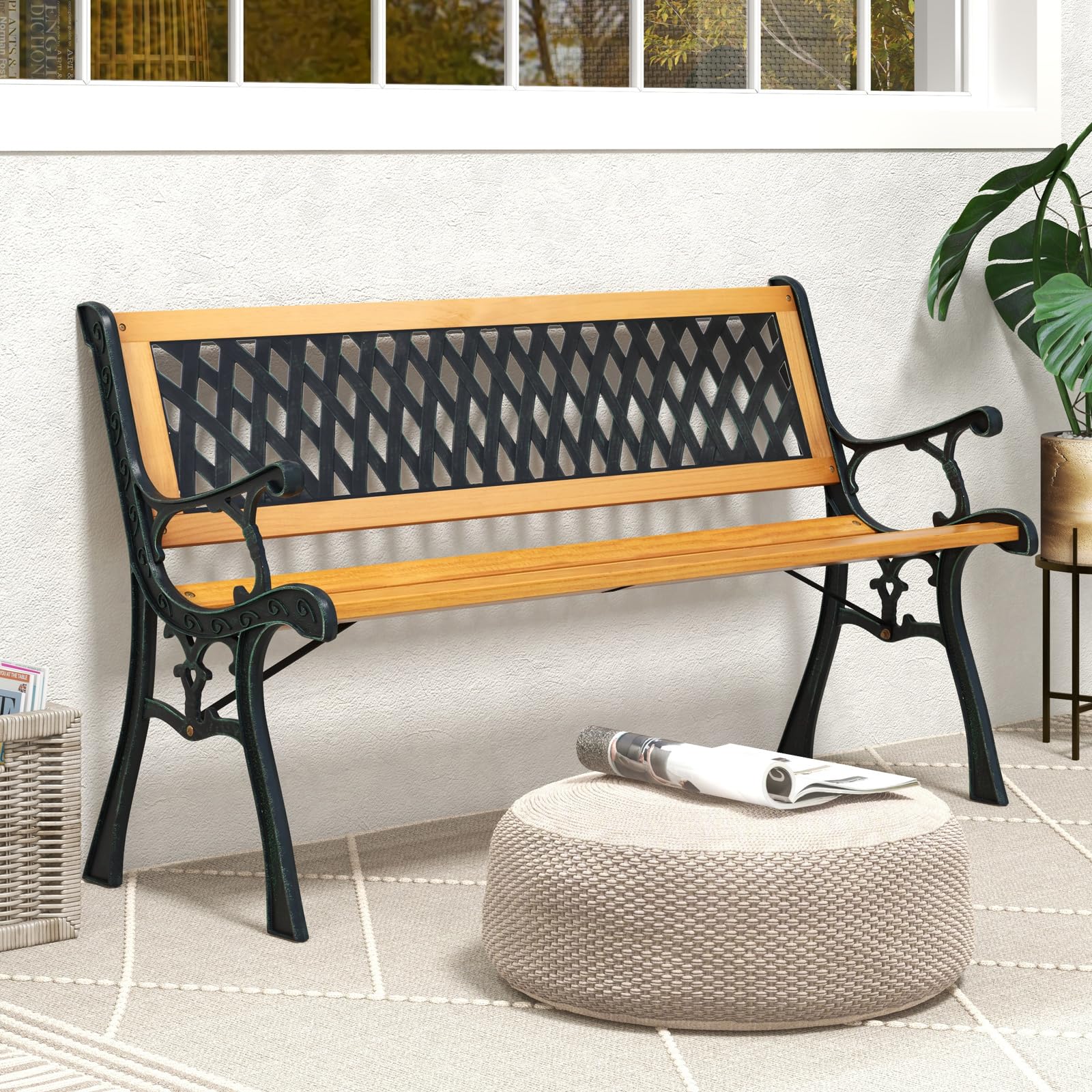 Outdoor Garden Bench Park Bench, Patio Bench Chair with Cast Iron & Hardwood Structure
