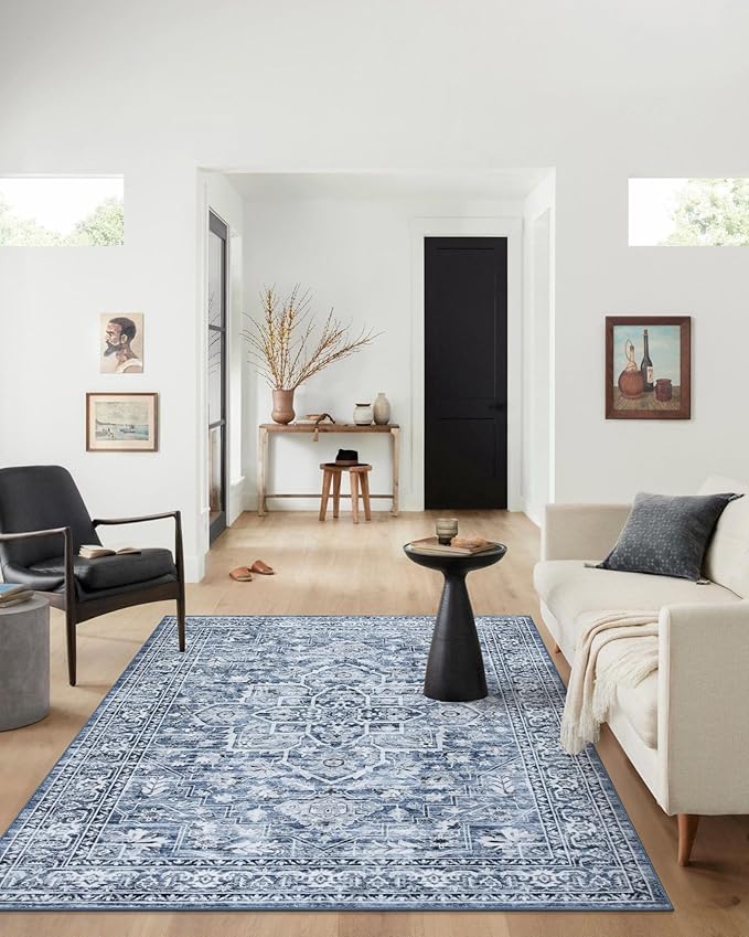 Oriental Washable Rugs 8x10, Blue 8x10 Area Rugs for Living Room Soft Ultra-Thin