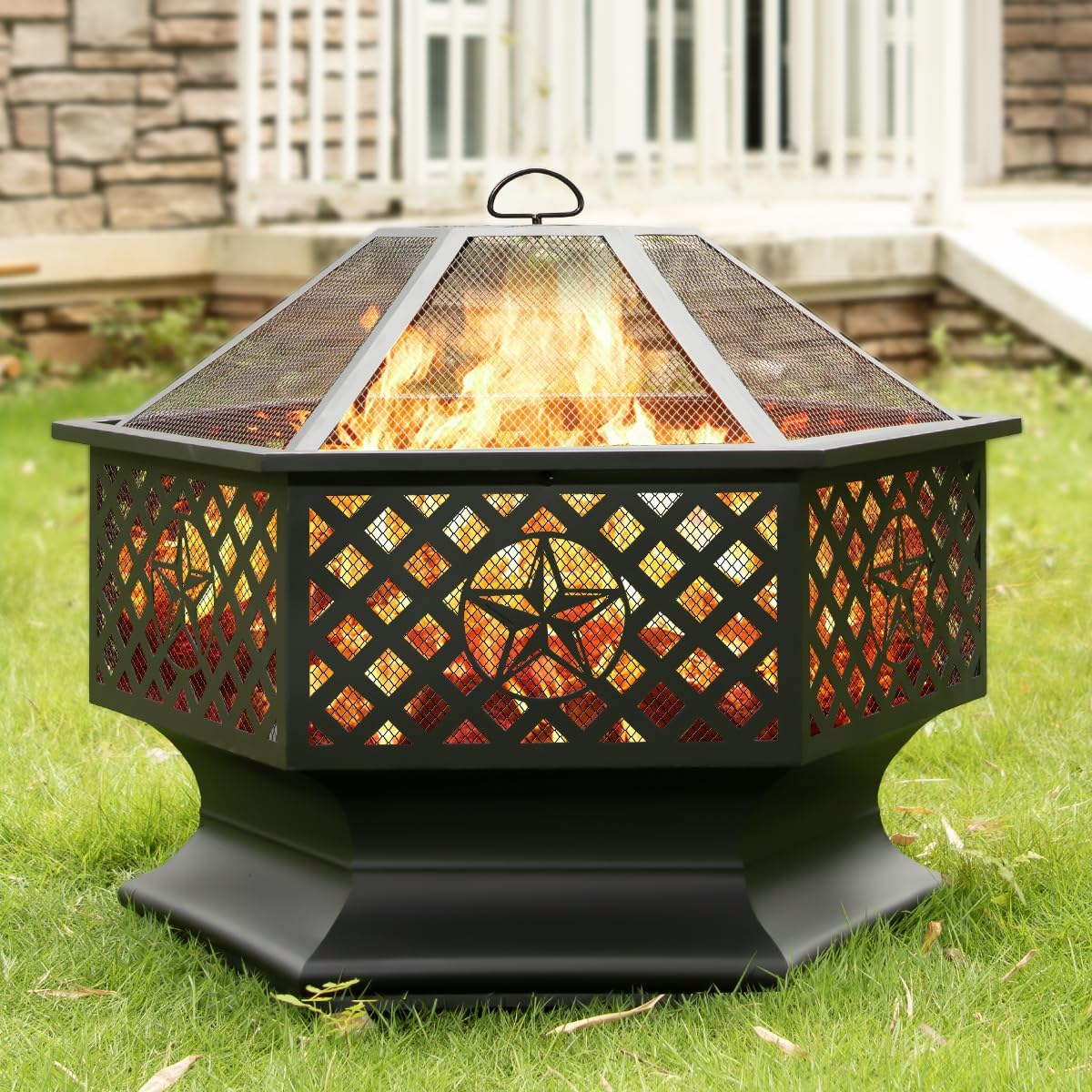 33 Inch Outdoor Fire Pit, Hexagon Shaped Wood Burning Fire pits for Outside