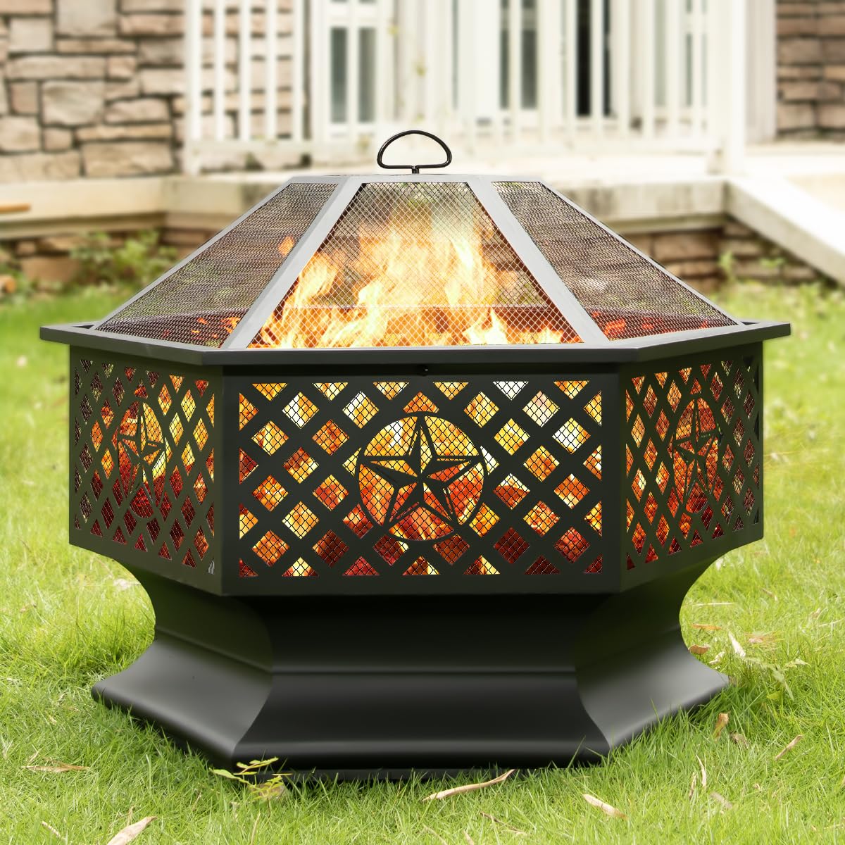 33 Inch Outdoor Fire Pit, Hexagon Shaped Wood Burning Fire pits for Outside