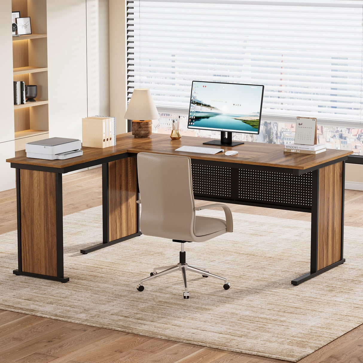 63" L-Shaped Executive Desk, Large Office Desk with Front Baffle, Modern Computer Desk Workstation Business Furniture for Home Office, Walnut & Black