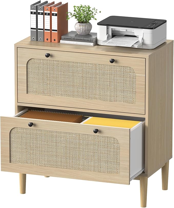 Lateral File Cabinet with 2 Drawers, Rattan Filing Cabinet