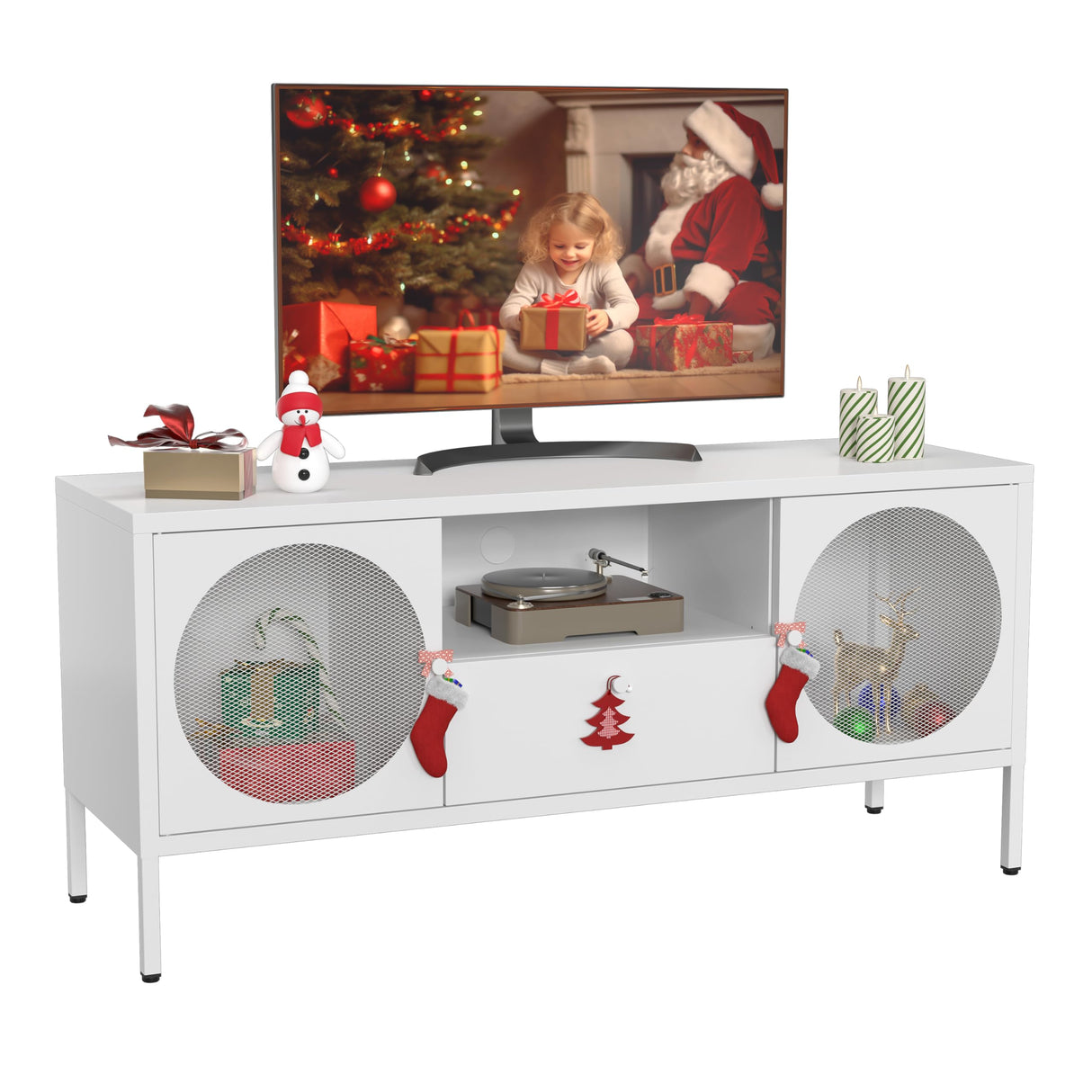 TIMELESS PIECES TV Stand, Metal Media TV Console with Drawer,Modern Entertainment Center with Storage Cabinets and Cable Hole,Tv Stands for Living Room, Bedroom