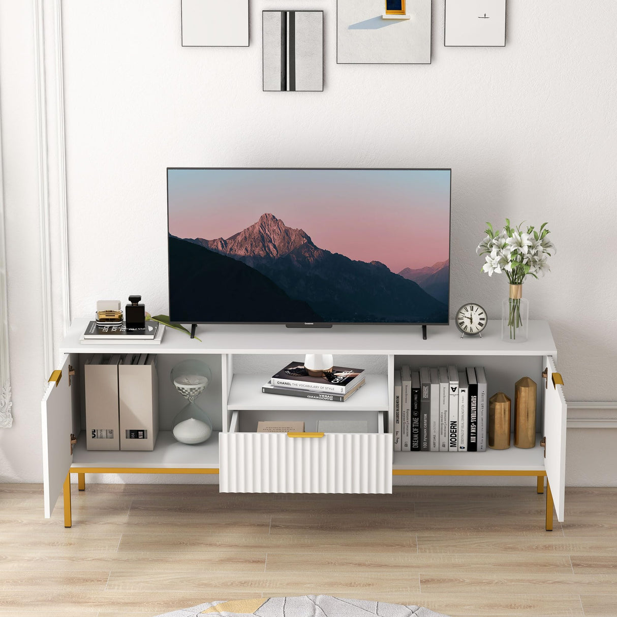 60" White TV Stand with PIR Sensor Light, Modern Media Console for 55/60/65 inch TV, Entertainment Center