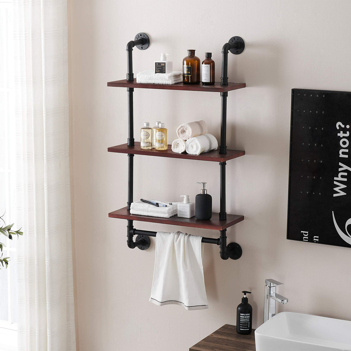 Bathroom Shelves Floating Shelves, 24" Towel Holder Pipe Wall Shelf Rustic Wall