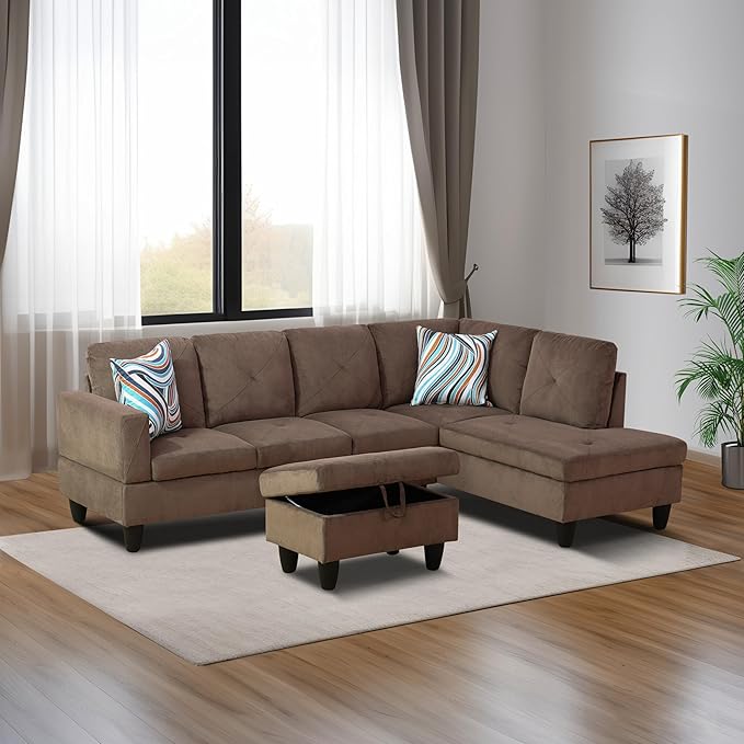 Linen L Shaped Sectional Couches with Storage Ottoman,3-Piece Living Room Sofa Set