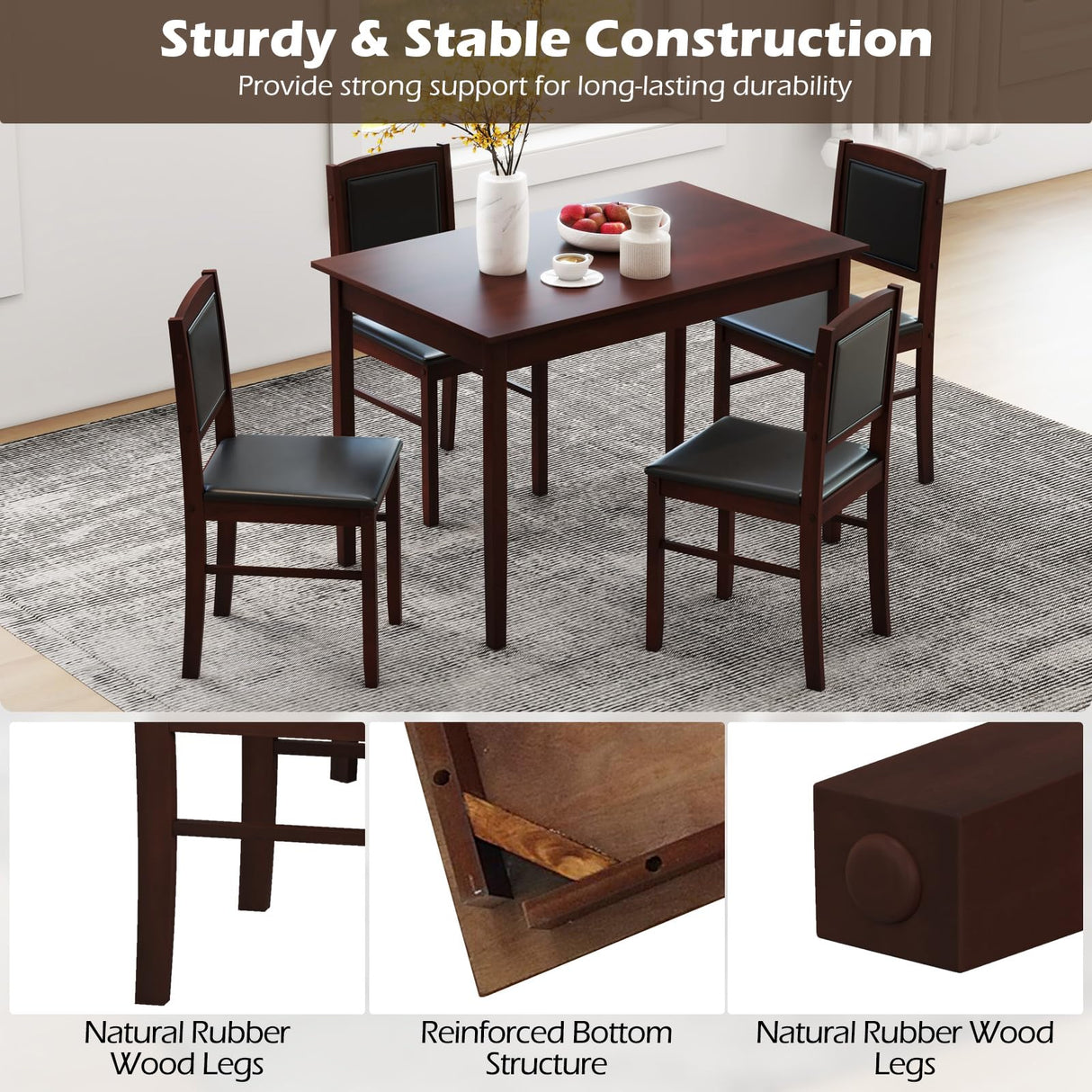 5-Piece Farmhouse Dining Table Set with Upholstered Chairs