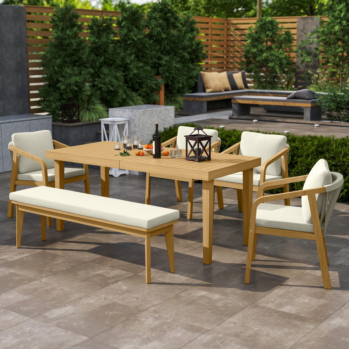 6-Piece Patio Dining Set, Acacia Wood Dining Table, Bench, and Chairs