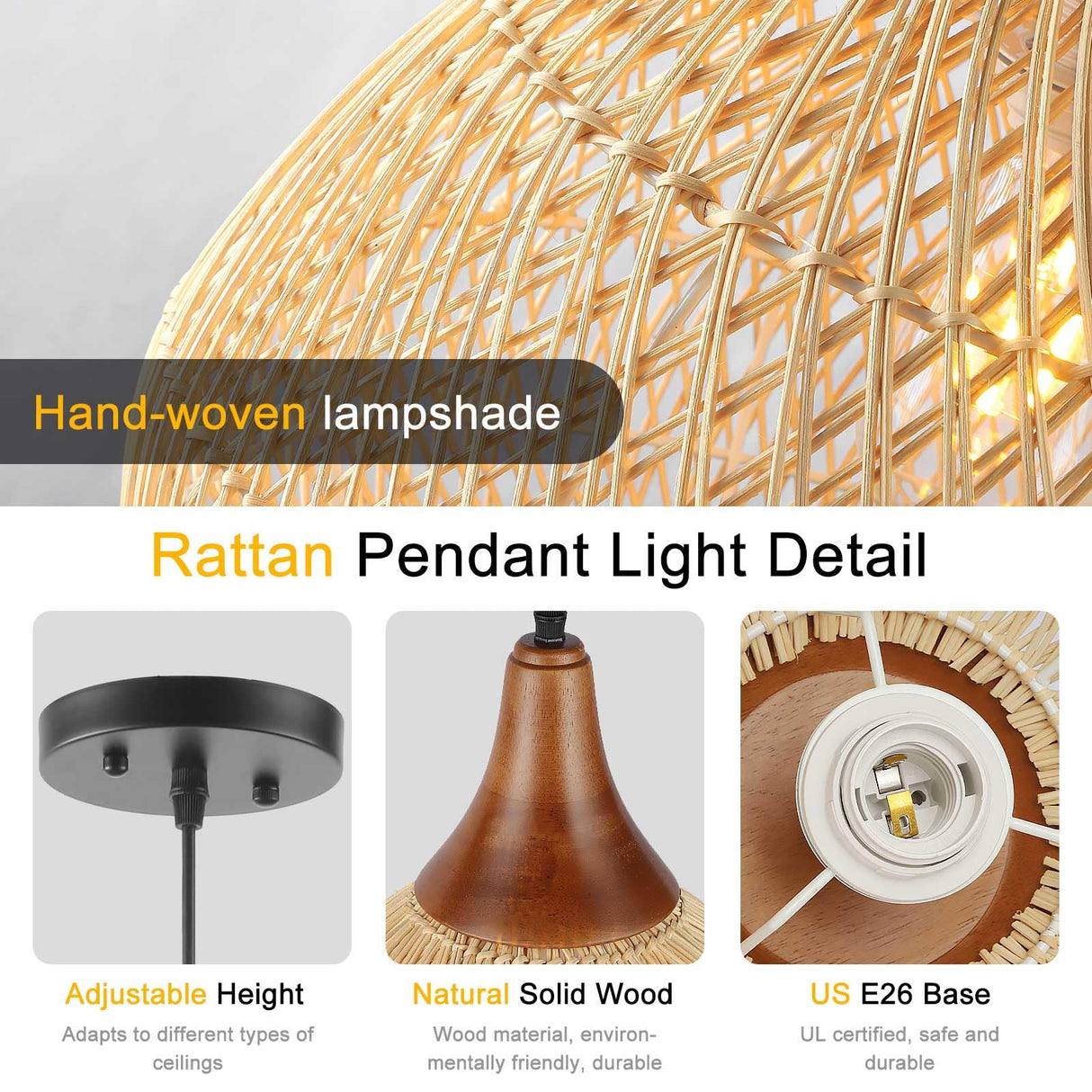Karjearl Rattan Pendant Light, 15.7" Rattan Chandelier Hand-Woven Boho Pendant Light Fixtures with Solid Wood, Basket Wicker Chandelier for Dining Room Kitchen Island Living Room
