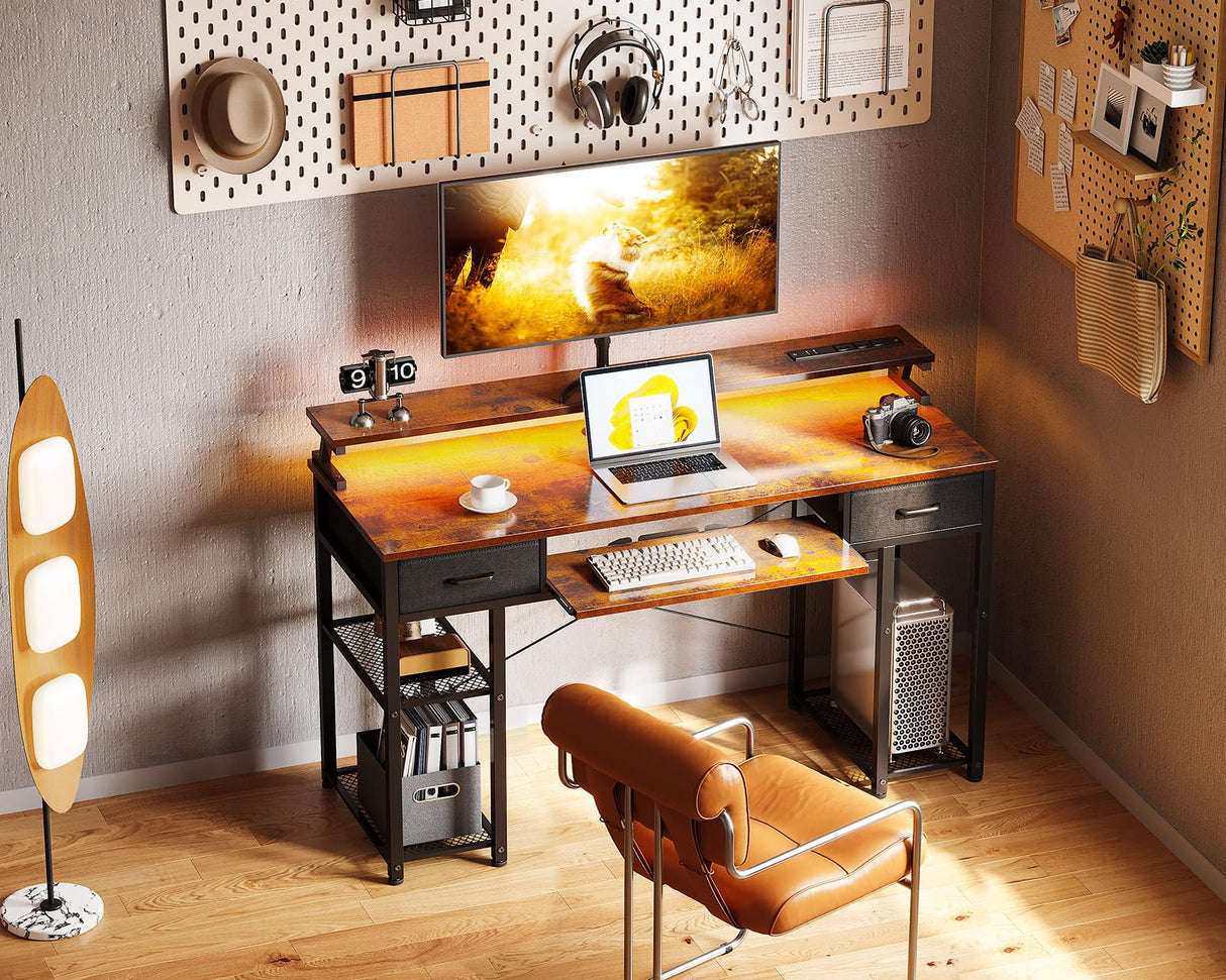 Computer Desk with LED Lights & Power Outlet, 48 Inch Gaming Desk with Keyboard