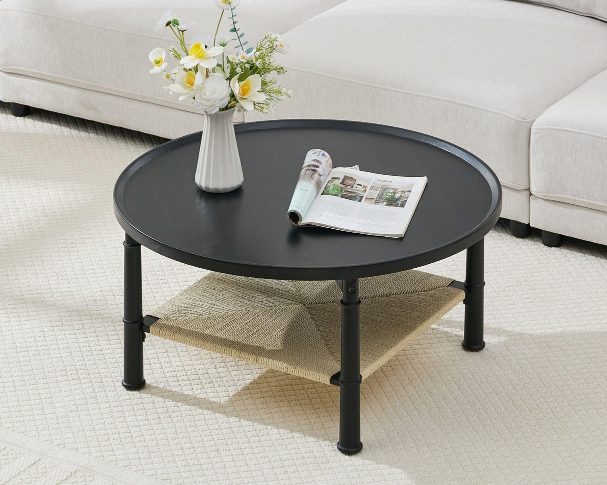 32" Round Coffee Table for Living Room, 2-Tier Small Living Room Table