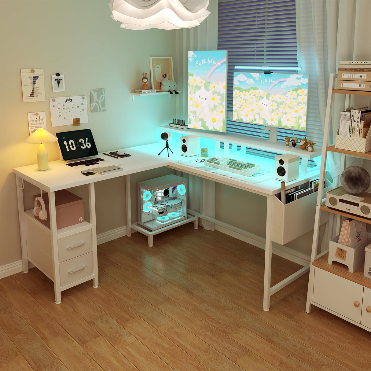 White L Shaped Computer Desk with Fabric Drawers, 47 Inch Corner Home Office Desk