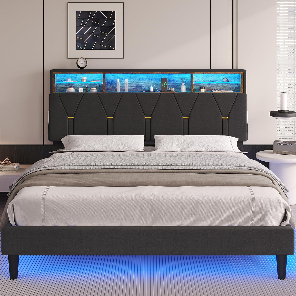 LED Full Bed Frame with Charging Station, Full Size Bed Frame