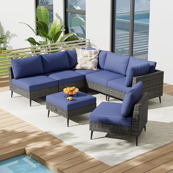 7 Pieces Outdoor Patio Furniture Set, Wicker Sectional Sofa Set for All-Weather
