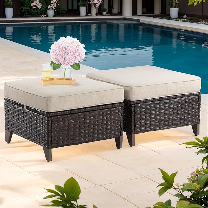Patio Ottoman Set of 2, All Weather Outdoor Rattan Ottomans Patio Footstools