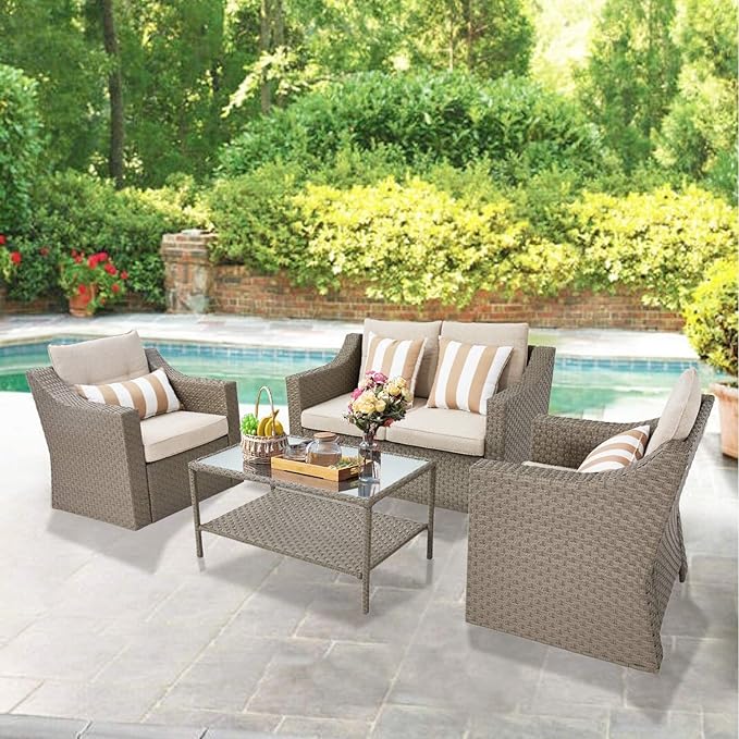 Patio Furniture Outdoor Conversation Set All Weather Wicker 4-Piece Sectional Sofa