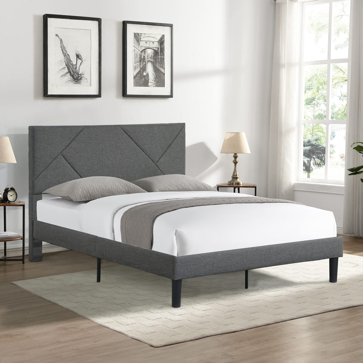 Queen Size Platform Bed Frame with Fabric Upholstered Headboard