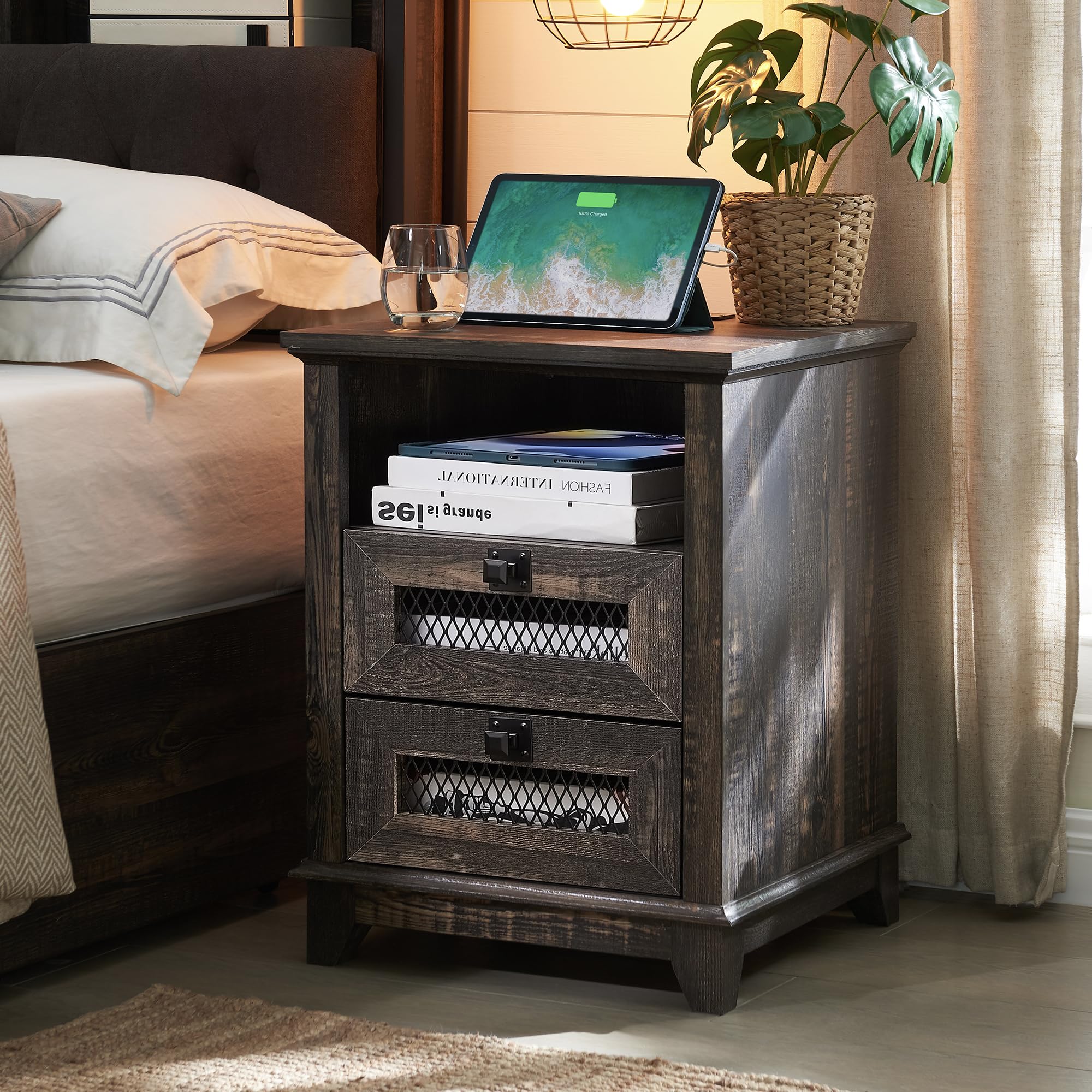 Farmhouse Nightstand with Charging Station, 18'' Wood End Table with 2 Drawers & Metal