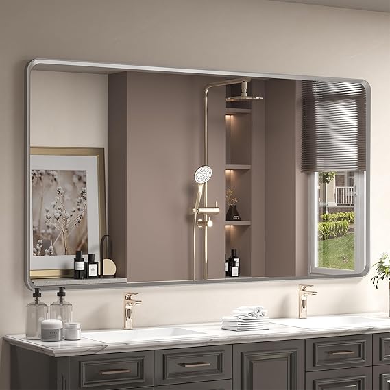 Black Bathroom Vanity Mirror 55x30 Inch - Metal Frame Rectangle Wall Mirror