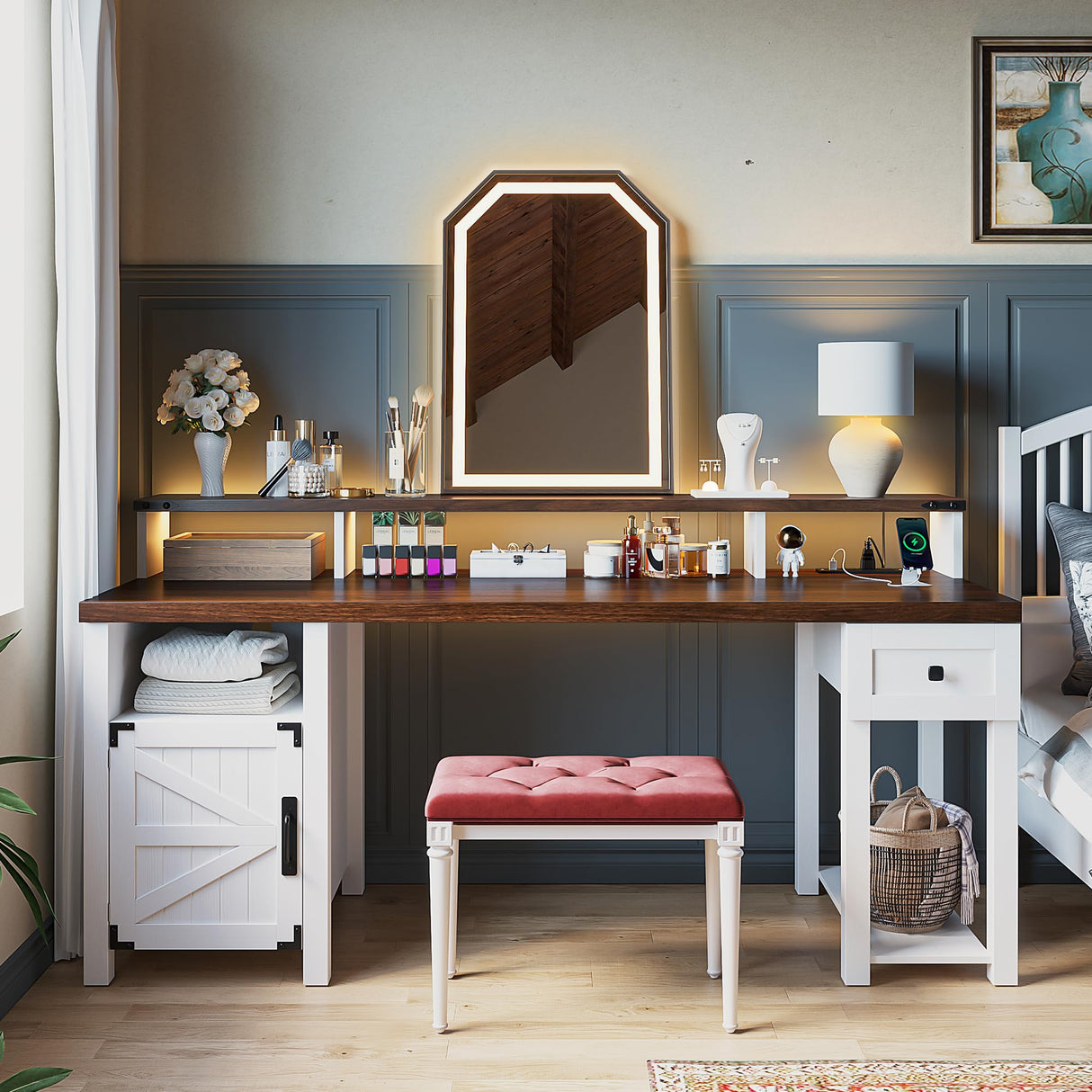 55" Computer Desk with Drawers Farmhouse Desk with Long Monitor Stand Reversible