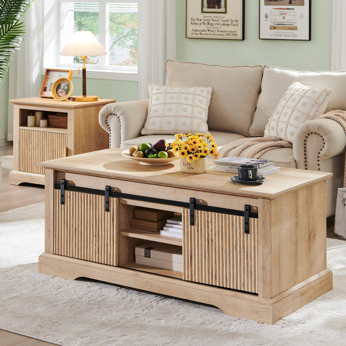 46" Fluted Lift Top Coffee Table with Sliding Door, Modern Center Table w/Adjustable