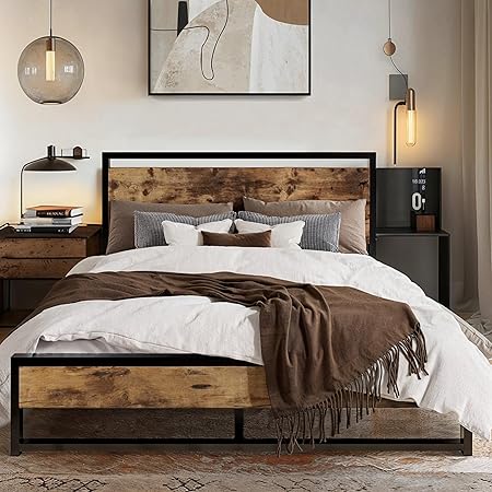 Queen Metal Bed Frame with Rustic Headboard & Footboard
