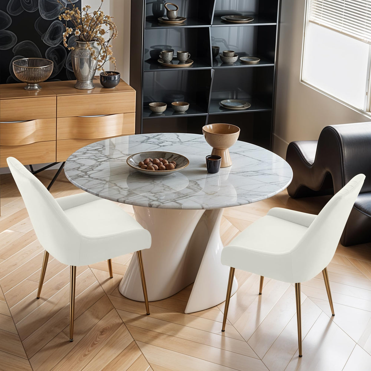 Mid-Century Modern Dining Chairs Set of 2 - White Velvet with Gold Metal Legs