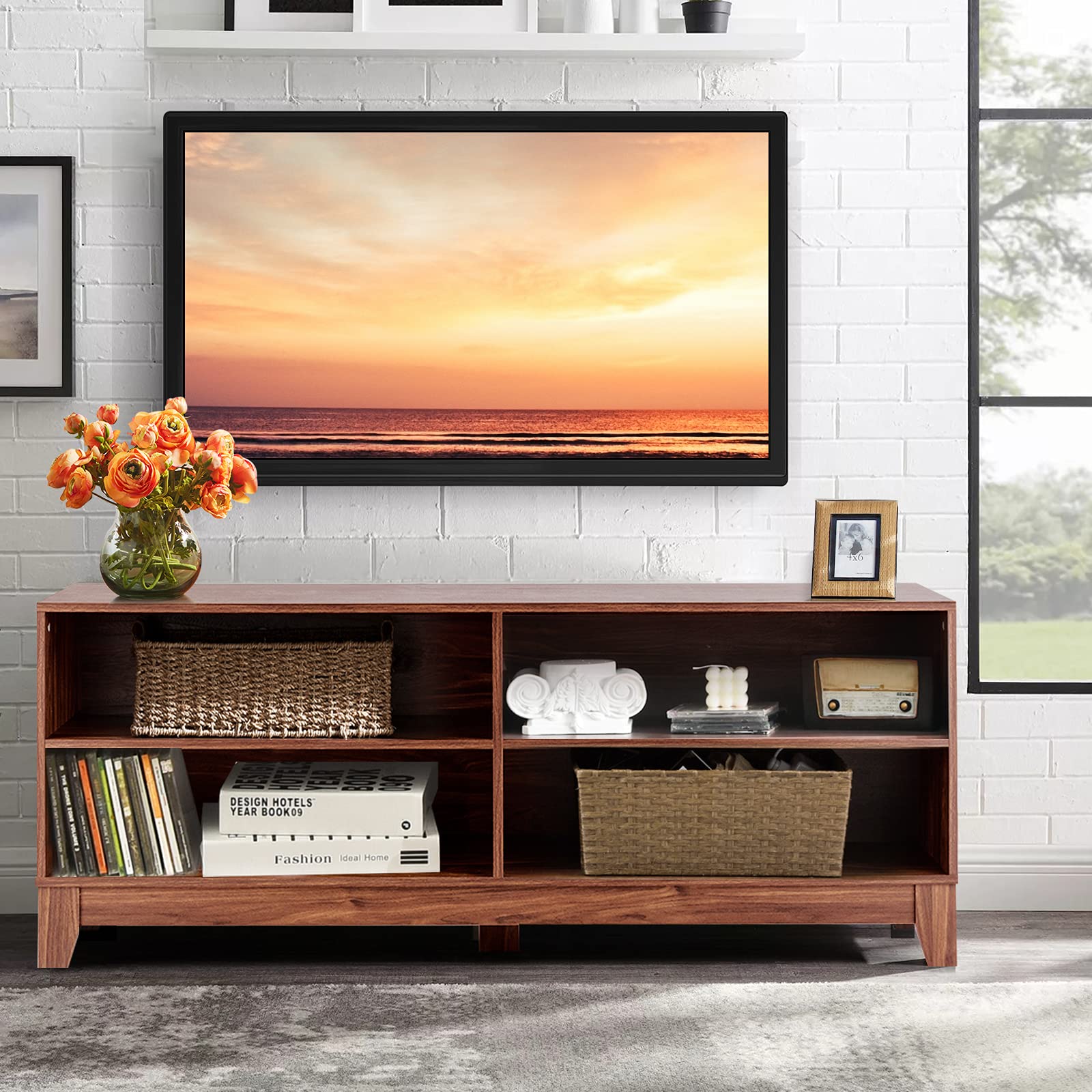 Wood TV Stand for TVs to 55, 65 Inch Flat Screen, Home Living Room Storage Console,