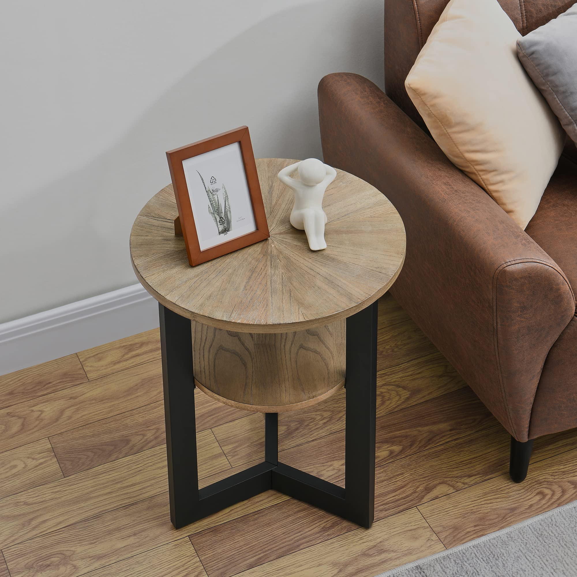 Round End Table with Storage, Solid Wood Sofa Side Table with Metal Frame