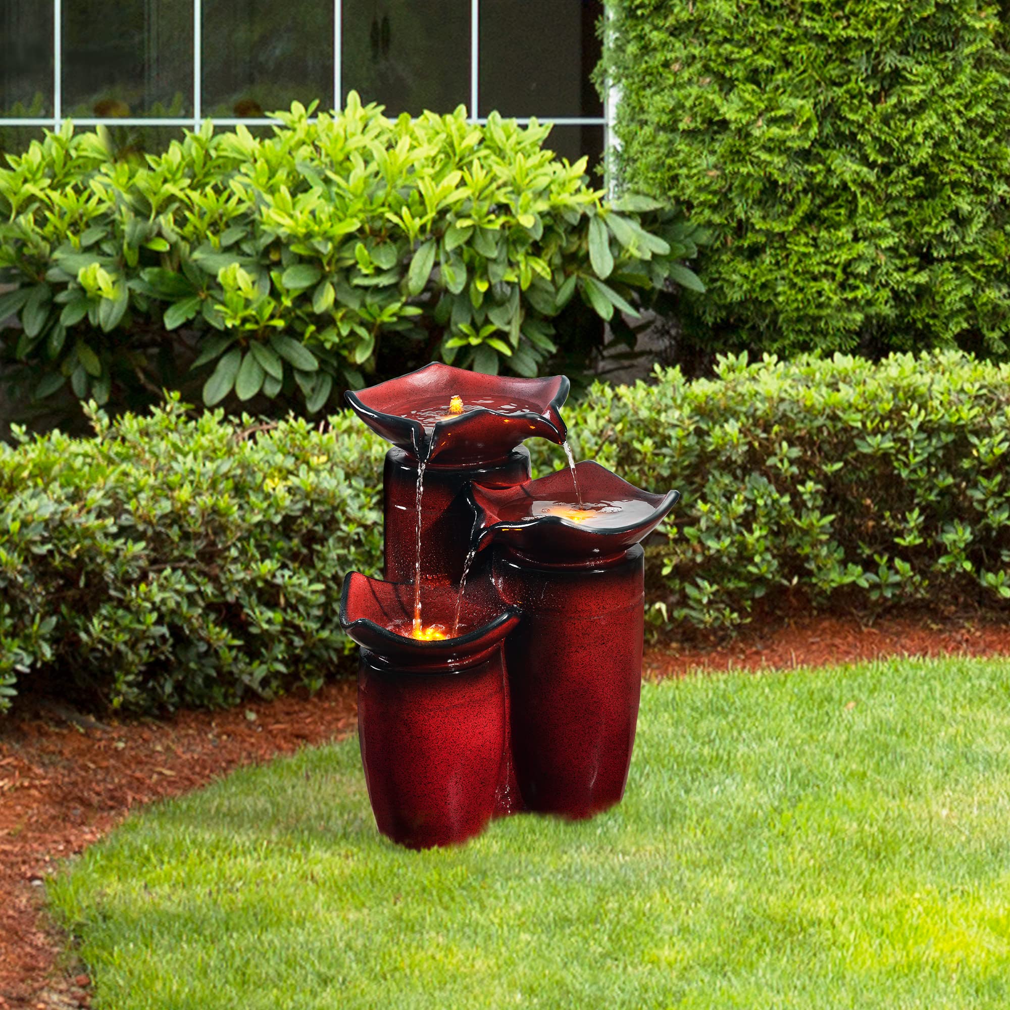 3 Tiered Floor Water Glazed Pots Fountain with LED Lights and Pump for Outdoor Patio Garden