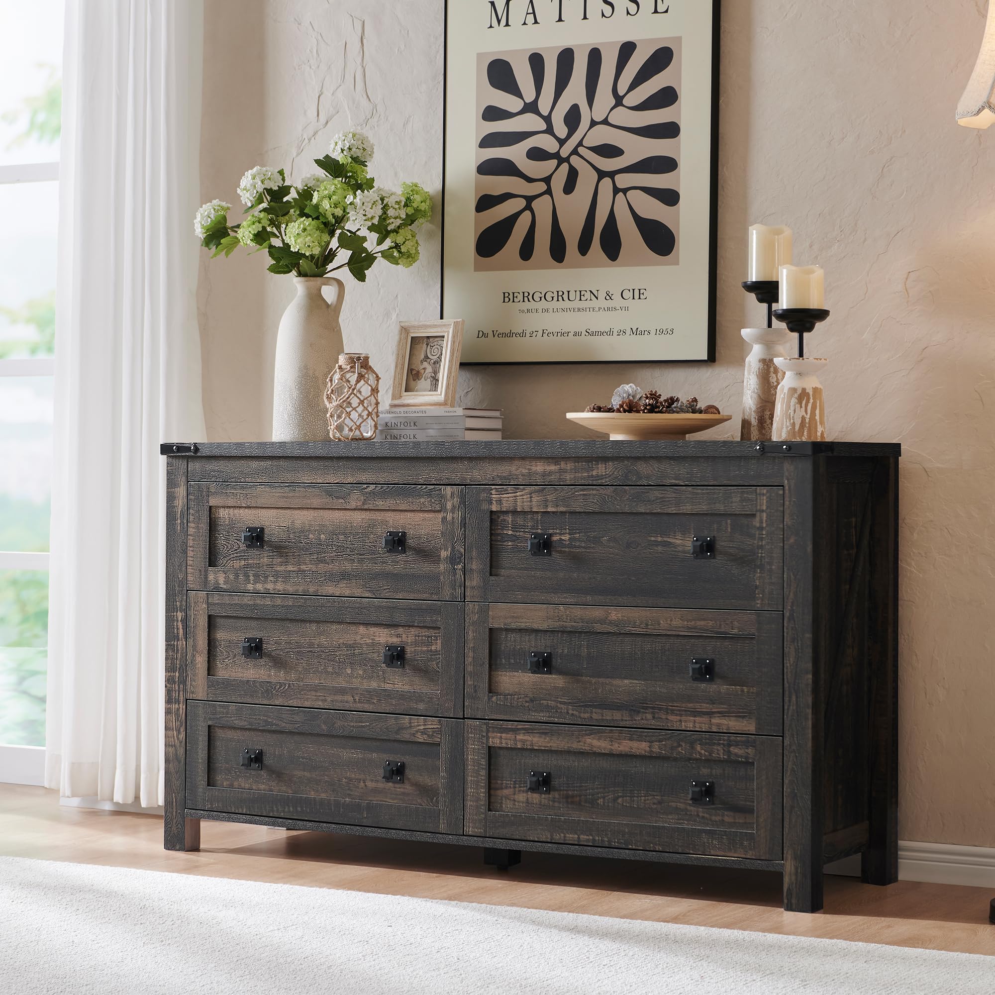 6 Drawer Dresser for Bedroom, 54 Inch Wide Rustic Wood Dresser