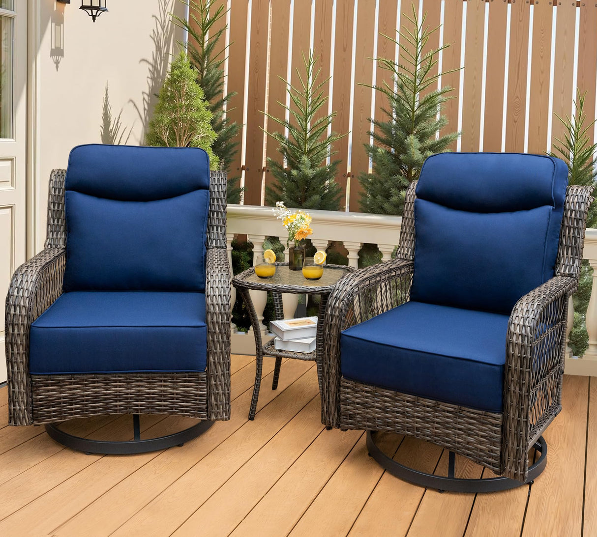 3-Piece Wicker Rocking Bistro Set with Swivel Chairs and Side Table