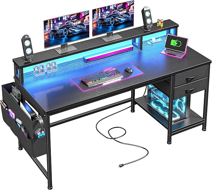 48" Computer Desk with LED Strip, Gaming Desk with Drawers & Storage Bag